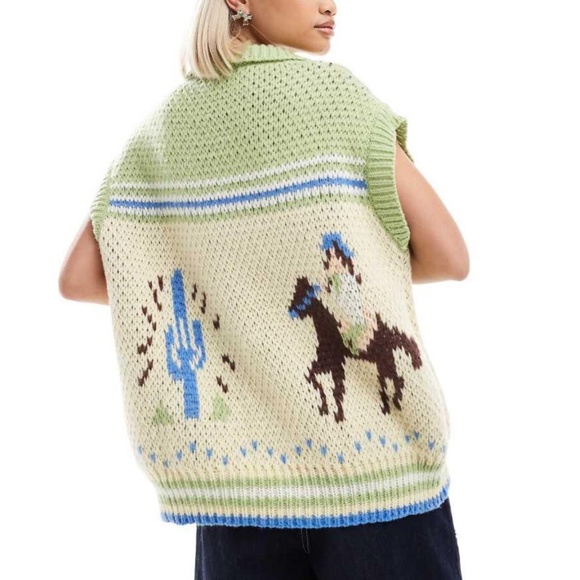 Bailey Rose size L oversized zip up vest retro knitted western cowboy green NEW - Picture 1 of 13